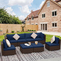 NICESOUL 8 Person Modern Deck Furniture Set, 29.3'' High Back Comfy Outdoor Sectional Sofa Set, Extra Large Wicker Patio Conversation Seating Sets for Terrace, Brown Rattan and Navy Blue Cushion