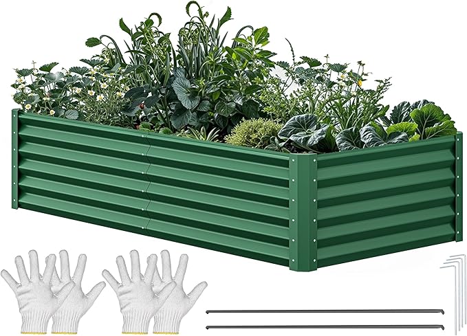 YITAHOME 6x3x1.5 2pcs Large Raised Garden Bed Kit, Galvanized Metal Planter Box with Gloves, Ground Nails, Support Rod, Outdoor Above Ground Planters for Plants Vegetables Flowers, Green