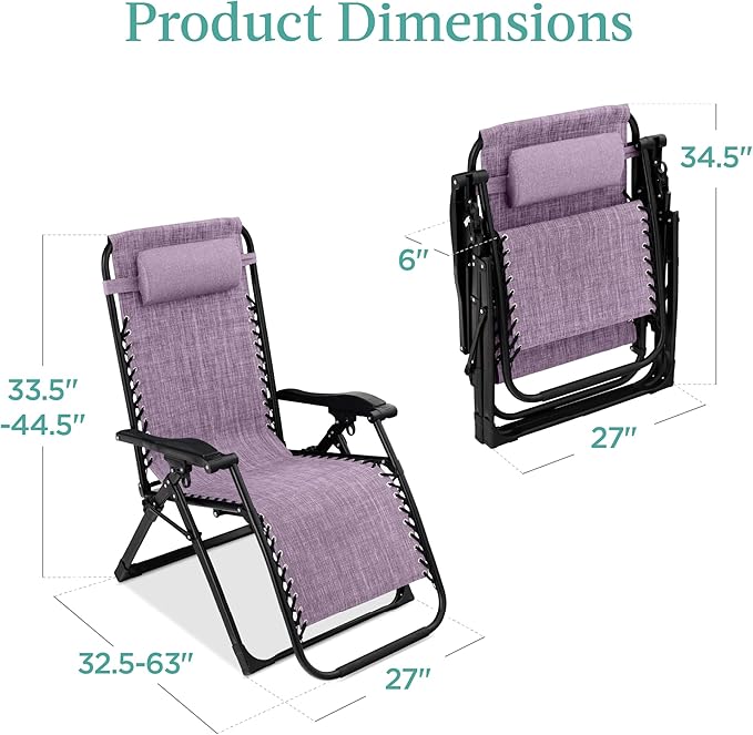 Best Choice Products Oversized Zero Gravity Chair, Folding Outdoor Patio Recliner, XL Anti Gravity Lounger w/Removable Cushion, Cup Holder, Side Tray, 350lb Capacity - Lavender