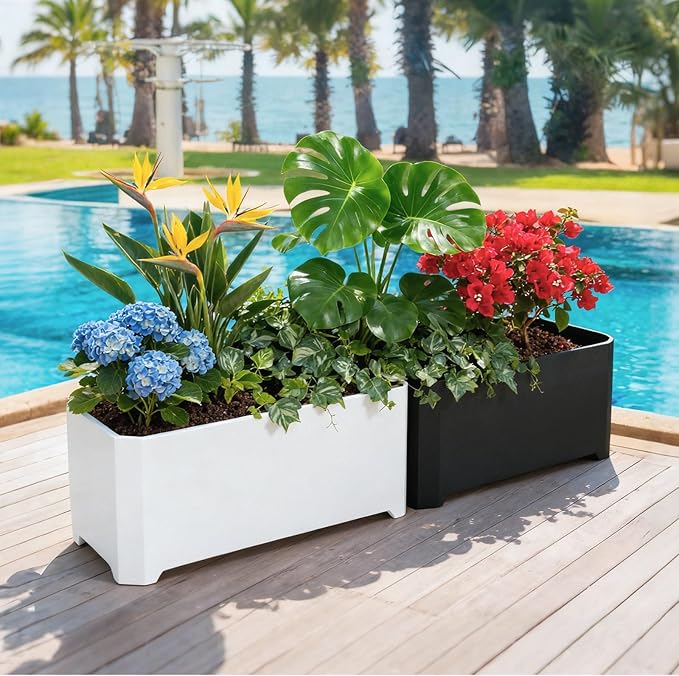 Steel Planter Box-36"x15"x15"-Large Rectangular Planters for Outdoor Plants, White Matel Planter Box Raised Support Feet for Patio, Deck, Garden, Yard, Drain Holes, Easy Assembly