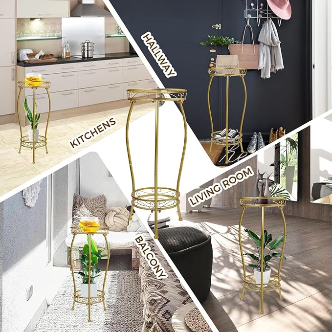 Plant Stand Indoor Outdoor，Tall Gold Metal Rustproof Stable Plant Stands，2 Tier 27.1 inch Multiple Plant Rack Holder Rack Flower Pot Stand Heavy Duty Plant Shelf (Gold)