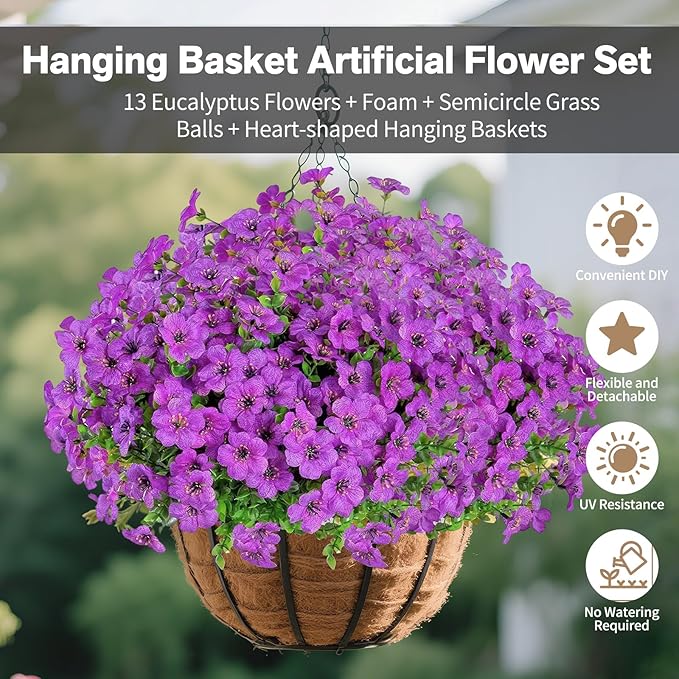 Artificial Hanging Flower for Outdoors, Fake Hanging Basket for Outside,1 Hanging Basket with 13 Pcs Faux Silk Flowers for Porch, Balcony and Patio Decor(Purple)