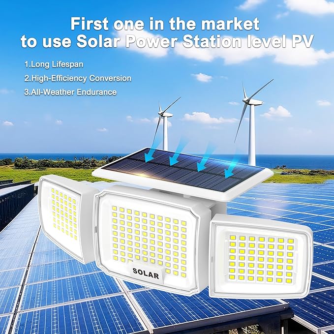 White Solar Security Light Outdoor Super Bright LED, Motion Sensor Flood Light, 3 Heads 270° Wide Angle, Remote Control, IP65 Waterproof, 3 Modes (1 Packs)