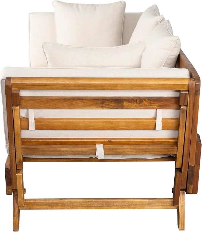 Merax Outdoor Patio Daybed Sofa,3-Seat Sofa with Foldable Arm 4 Back Pillows,Teak Acacia Wood Frame Beige Removable Cushion,Teak+ Beige
