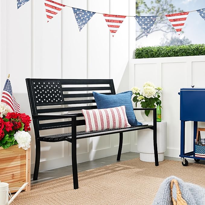 Best Choice Products Outdoor Bench 2-Person Steel Indoor/Outdoor Bench for Garden, Patio, Porch, Entryway w/American Flag, 790lb Capacity – Black