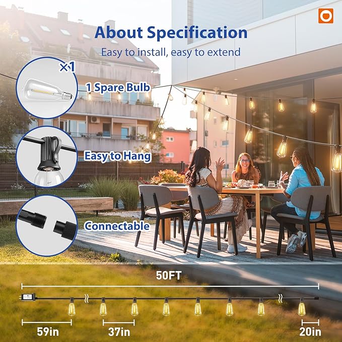 addlon 50FT LED Outdoor String Lights with Remote Waterproof Patio Lights with 16 Shatterproof ST38 Replaceable Bulbs(1 Spare), Dimmable Outside Hanging Light Connectable for Porch, Backyard