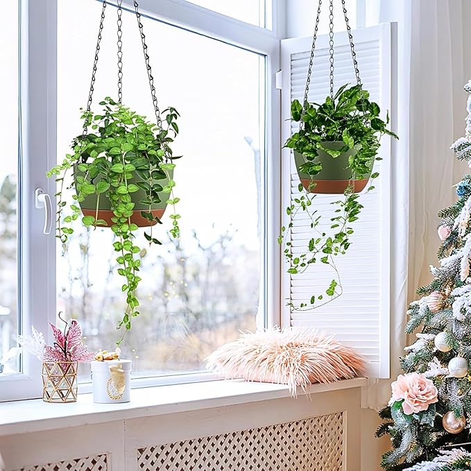 Hanging Planters for Indoor Plants, Set of 2 8/10 Inch Self-Watering Hanging Pots with Drainage Hole & Removable Water-Storage Tray II Screw-in Hooks