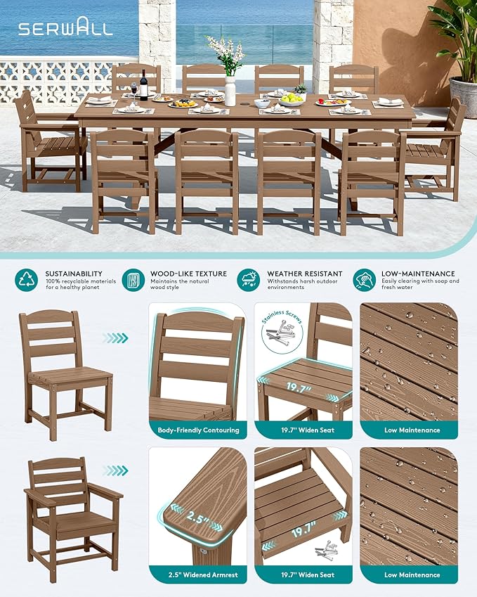 SERWALL 11 Piece Outdoor Dining Set, 84" HDPE Outdoor Table and Chairs for 10，All Weather Patio Furniture Set with Umbrella Hole for Backyard, Garden, Brown