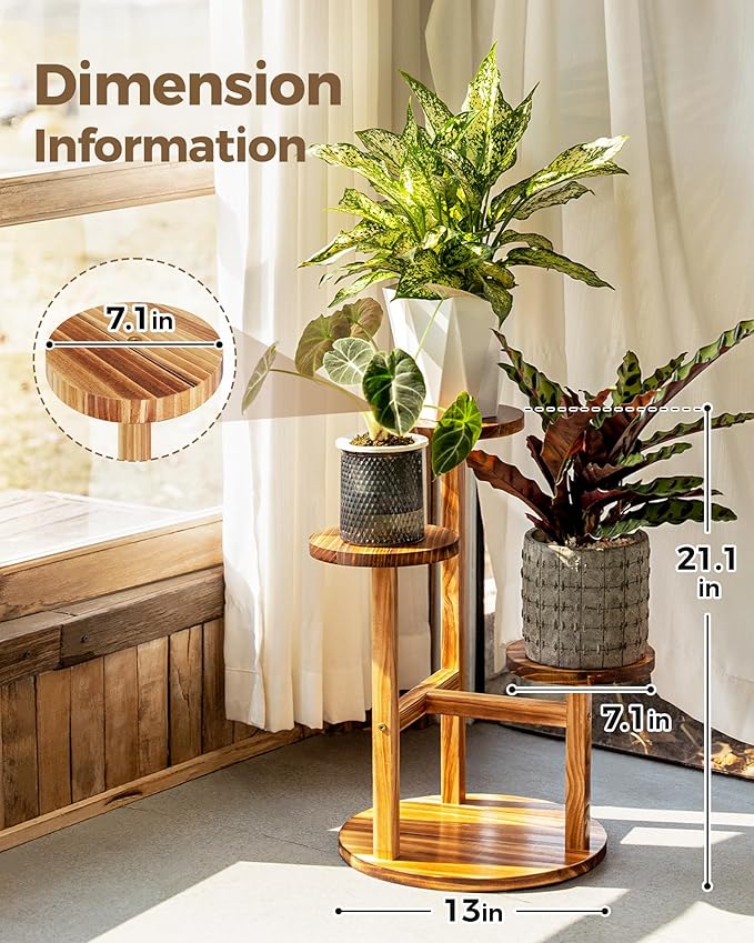 Bamworld 3 Tier Plant Stand Indoor, Corner Wood Plant Shelf for Multiple Plants, Small Tiered Round Flower Stand for Patio Garden Balcony Living Room Bedroom, Brown