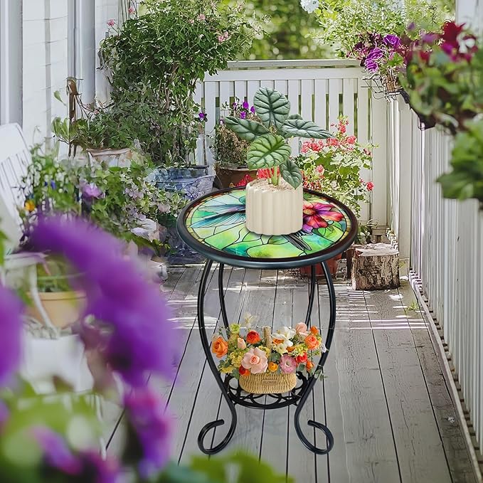 LIFFY Patio Side Table, 14" Round Mosaic Outdoor Table with Glass Hummingbird Tabletop, 21" Height 2-Tier Indoor Small Decorative Plant Stand & Accent Table with Metal Frame for Garden, Yard, Home