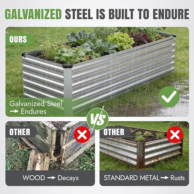 INNO STAGE 8x3x2ft Galvanized Raised Garden Bed, Raised Garden Bed Kit-Metal Planter Box Outdoor, Planting for Vegetables, Fruits, Herbs, Flowers, Silver
