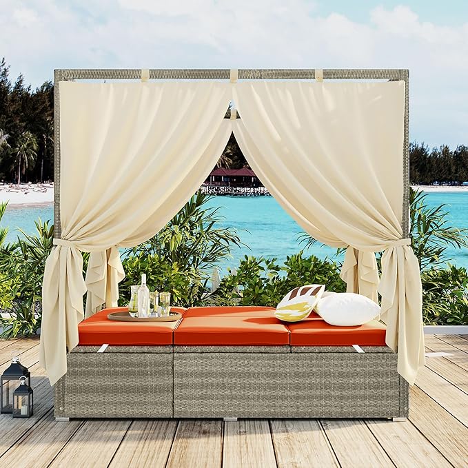 Harper & Bright Designs Adjustable Outdoor Sun Lounger with Canopy,Multi-Position Recline Patio Chair with Removable Cushion,Weather-Resistant Rattan Chaise Lounge for Poolside,Garden & Terrace,Orange