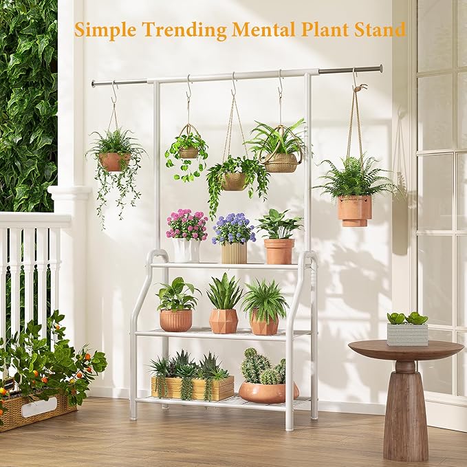 Plant Stand Indoor Outdoor, 3-Tier Heavy Duty Metal Hanging Plant Shelf, 61'' Tall Large Plant Holder Rack for Multiple Big Pots, Flower Stand for Living Room, Garden, Balcony, White