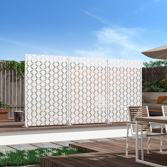 Casaphoria Metal Privacy Screen Outdoor, 72" H x 47" W Freestanding Decorative Privacy Screen for Patio Deck Balcony Garden with Stable Base, White Square
