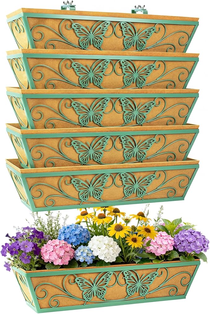 6 Pack 24 Inch Window Boxes Planter Railing Planters Box with Adjustable Brackets for Porch Deck Balcony Hanging Butterfly Decorative Flower Baskets & Non-Woven Fabric Liner for Outdoor Plants - Green