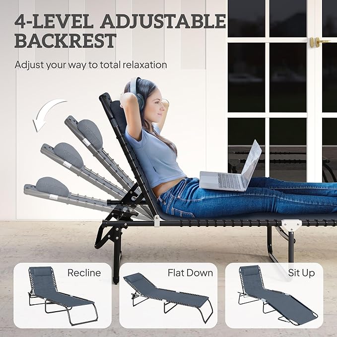 Outsunny Folding Chaise Lounge Chair, Patio Sun Tanning Chair, Outdoor Chaise Lounger with 4-Position Reclining Back, Breathable Mesh Seat for Beach, Poolside, Yard, Gray