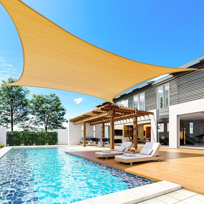 Quictent 12x16ft Rectangular Sun Shade Sail 185G HDPE Canopy 98% UV Block Outdoor Patio Garden Commercial Deck with Hardware Kit (Sand)