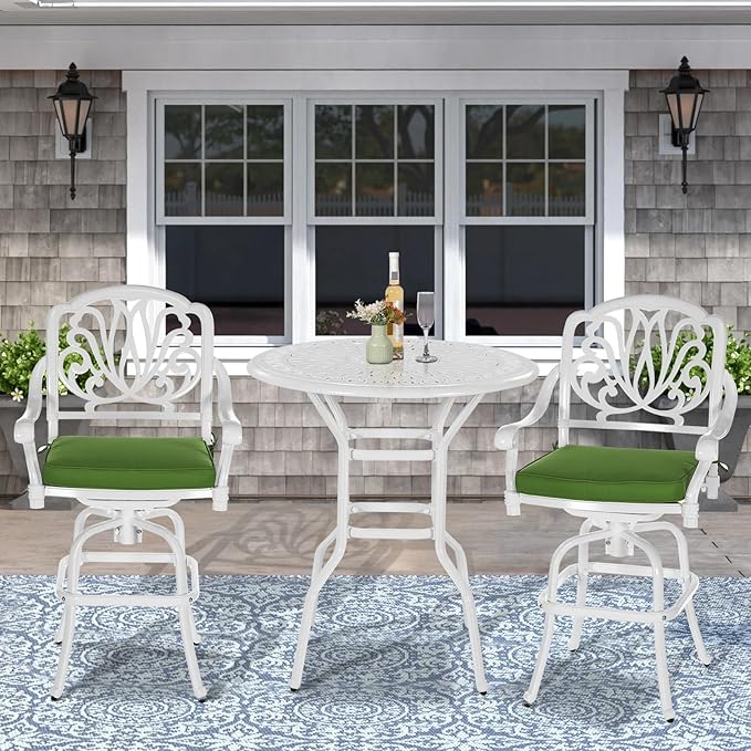 VIVIJASON 3-Piece Patio Swivel Bar Stools Set, All Weather Cast Aluminum Outdoor Bar Height Bistro Set with 2 Cushioned Bar Chairs & 35.4" High Bar Table w/Umbrella Hole for Backyard, Lawn, White