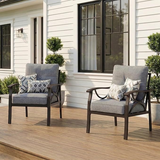 RoyalCraft 2 Pieces Outdoor Single Sofa,All-Weather Patio Metal Armchair,Khaki Metal Furniture with Gray Cushions