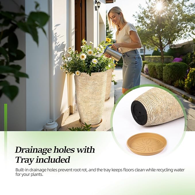 QCQHDU Set of 2 9 Gallon Tall Large planters for Outdoor/Indoor Plants of 12" Dia x 21" H Round Flower Pots Set Faux Stone Finish Front Door Patio Square Porch Planters with Tray, Beige