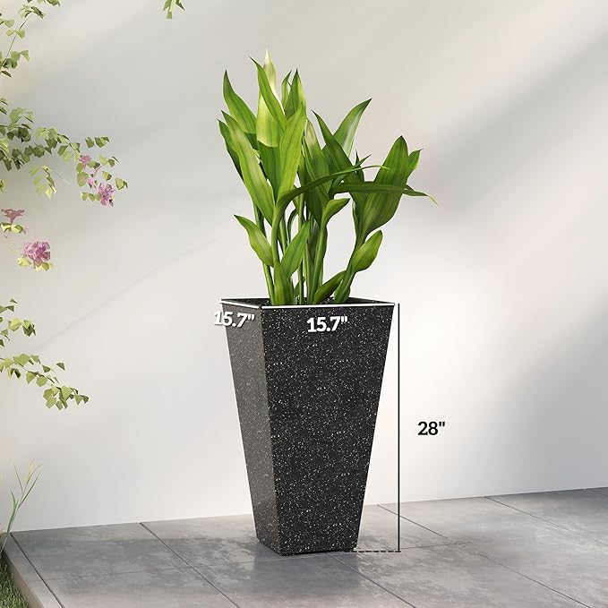Outsunny 28 Inch Tall Planters for Outdoor Plants, Set of 3 Plastic Flower Pots with Marble Finish and Drainage Holes, Stackable Tapered Large Planters for Indoor Plants, Front Porch Decor, Black