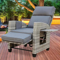 Wicker Outdoor Recliner | 145° Wicker Patio Reclining Chair with 4" Cushion | Air Pump Adjustable Backrest & Footrest, Flip-up Table & Side Pocket for Yard Patio Porch (Gray)