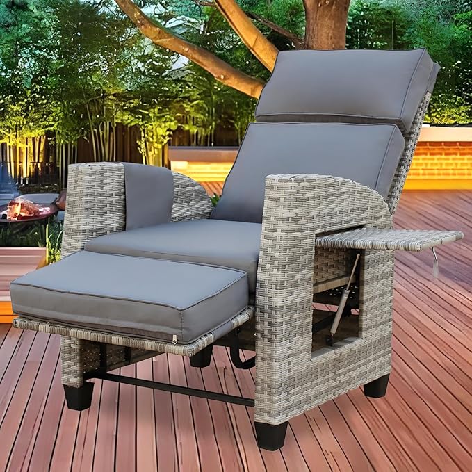 Wicker Outdoor Recliner | 145° Wicker Patio Reclining Chair with 4" Cushion | Air Pump Adjustable Backrest & Footrest, Flip-up Table & Side Pocket for Yard Patio Porch (Gray)