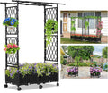 Planter Box with Trellis Outdoor, 53.1in Plastic Raised Garden Bed with Trellis Hanging Roof for Vine Flower, with Lockable Wheels & Drain Plug for Patio Backyard Balcony, Black, 1 Pc