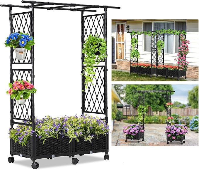 Planter Box with Trellis Outdoor, 53.1in Plastic Raised Garden Bed with Trellis Hanging Roof for Vine Flower, with Lockable Wheels & Drain Plug for Patio Backyard Balcony, Black, 1 Pc