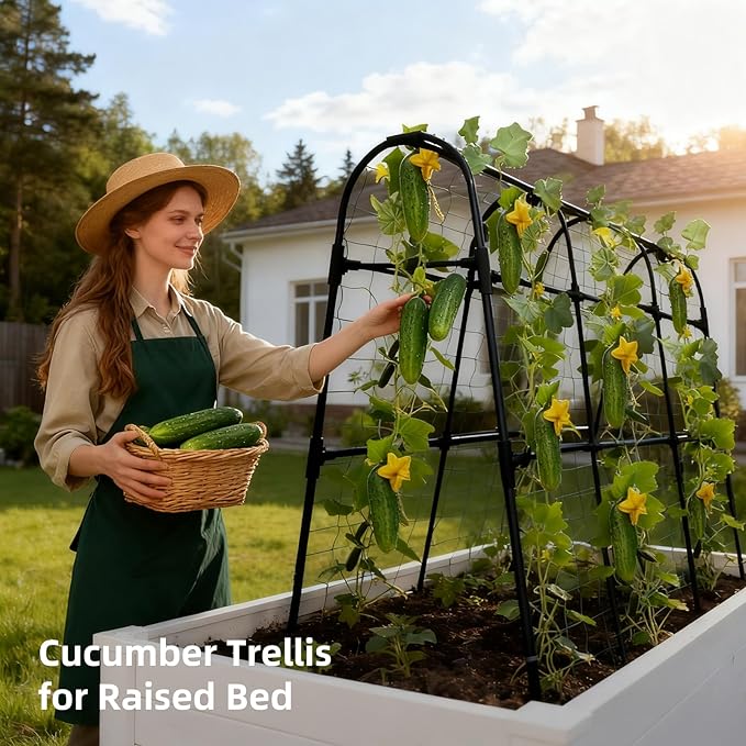 Cucumber Trellis for Raised Bed, U-Shape Garden Arch Metal Support for Climbing Plants, Metal Arch Plant Support Vegetables Trellis, Plant Support for Vine Outdoor (Black, 47*30*47inch(L*W*H))