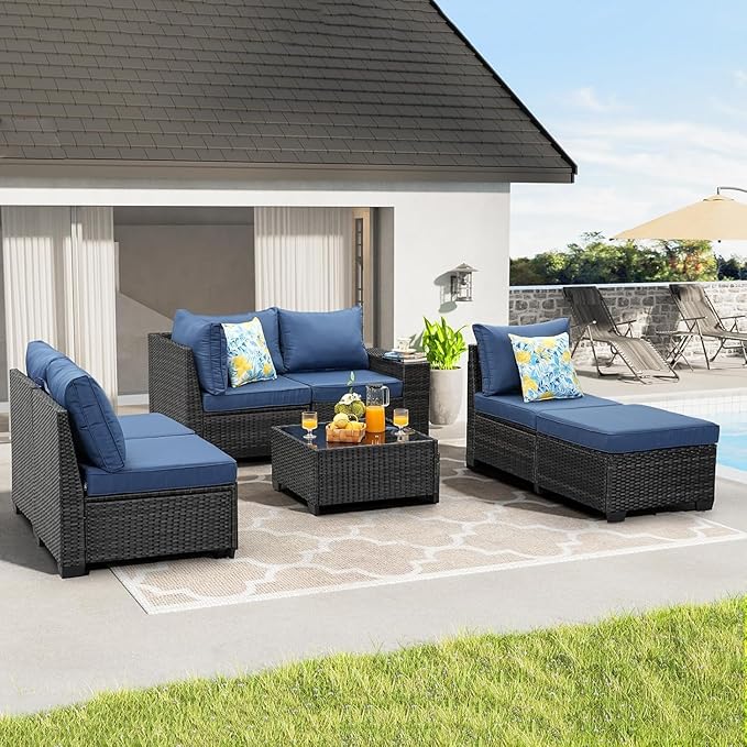 Jing's Villa 7-Piece Patio Furniture Set, All-Weather Outdoor Wicker Sectional Sofa with Cushions, Tempered Glass Table & Ottoman, Rattan Conversation Seating for Porch, Garden, Backyard,Navy
