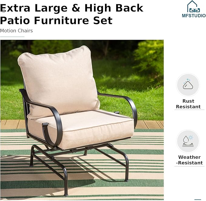 MFSTUDIO 7 Seats Metal Patio Furniture Sets, 6 Pieces Outdoor Sectional Sofa Conversation Set with 2 x Motion Chairs, 2 x Fixed Chairs, 1 x 3-seat Sofa and 1 x 45 inches Rectangular Fire Pit Table