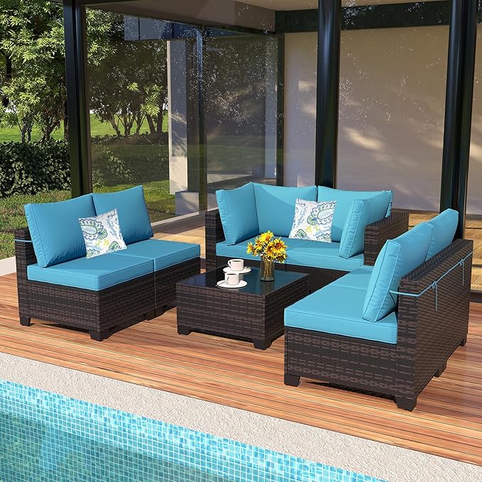 Outdoor Wicker Patio Furniture Set, Rattan Sectional Sofa Set with Thick Cushions (Brown/Peacock Blue, 7 Piece Sofa Set)
