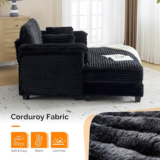 VINGLI 56" Oversized Chaise Lounge Chair, Black Comfy Corduroy Chaise Sofa Recliner Bed Upholstered Sleeper Couch Bed with Throw Pillows and Armrests for Living Room, Movie Room, Bedroom