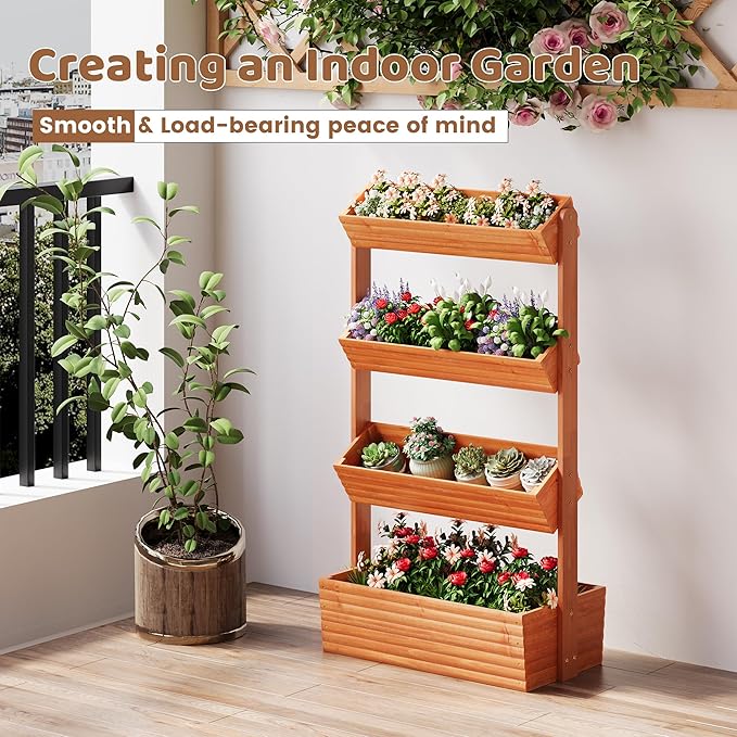 FILWH Wooden Raised Garden Bed Vertical Planter Box, Freestanding Plant Stand for Indoor Outdoor Plants, Herbs, Flowers, Vegetables, Gardening (Reddish Brown, 4-Tier，29.9 x 17.9 x 55in)