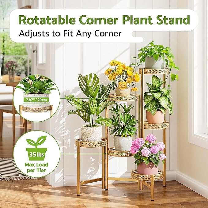 7 Tiered Metal Corner Plant Stand Indoor Outdoor, Tall Large Folding Rack with Rust Proof 10 Inch Wide Tray, Heavy Duty Flower Shelf for Multiple Plants for Patio - GoldWave