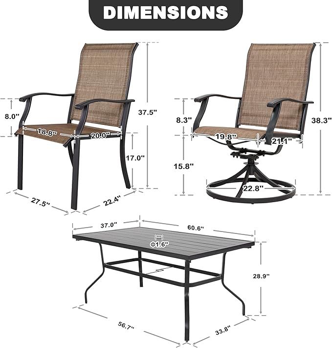 NUU GARDEN 7 Pieces Outdoor Dining Sets, Textilene Swivel Patio Table and Chairs All-Weather Outdoor Furniture Set for Lawn, Backyard, Balcony, Black and Brown