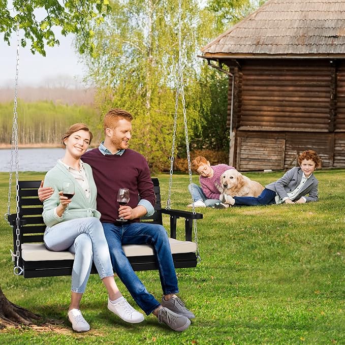 VINGLI Outdoor 4 FT Porch Swing, Heavy Duty 880 LBS Wooden Patio Swings with Cushions, Farmhouse Style Hanging Bench with Adjustable Chains for Yard | Garden | Lawn | Balcony, Black