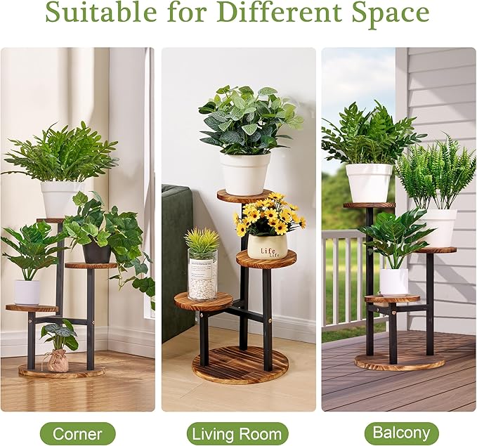 VECELO 3 Tier Plant Stand Indoor Outdoor, Tall Metal Wood Flower Shelf for Multiple Plants, Small Tiered Round Corner Display Rack, Planter Pot Holder for Patio Garden Balcony Living Room Bedroom