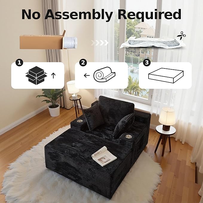 CHORRO67 Chaise Lounge Chair Indoor,Oversized Boneless Single Sleeeper Couch Bed,Corduroy Cloud Sofa with 3 Soft Pillows for Livingroom,Bedroom,No Assembly (Black)