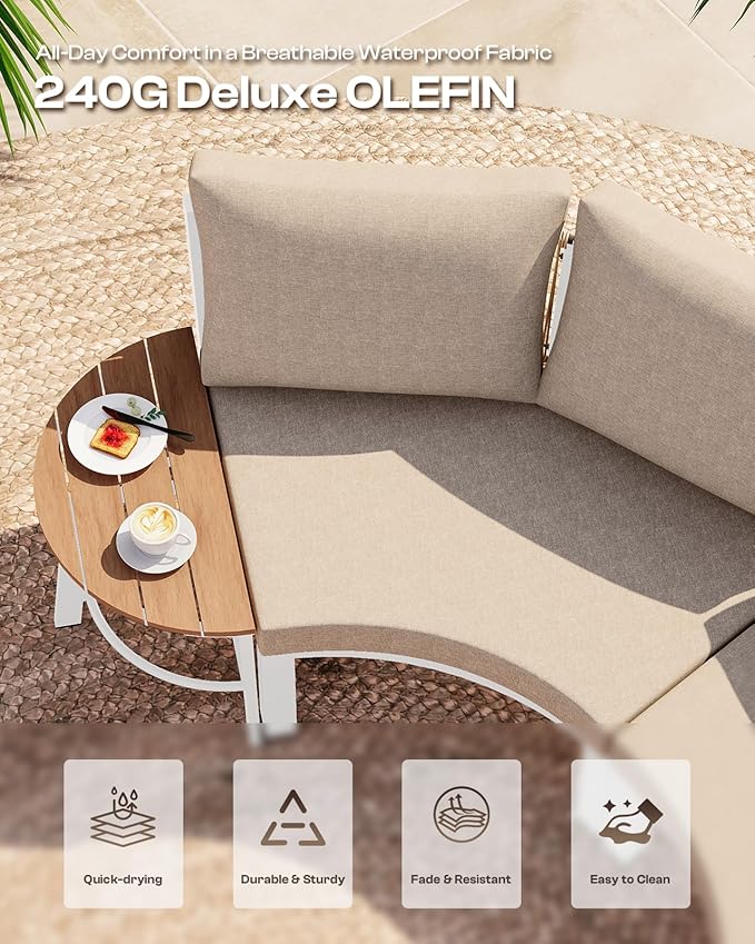 Outdoor Patio Furniture Set,4 Piece Aluminum Half-Moon Patio Conversation Sets, PE Rope Curved Sofa, All-Weather Outdoor Sectional Sofas with Modular Coffee Table & Cushions, White