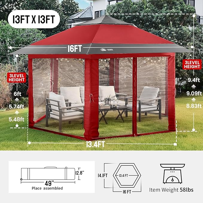 CROWN SHADES 13x13 Pop Up Gazebo with Mosquito Nettings, Patented Center Lock 6-Sided Portable Gazebo, 300D Silver-Coated Fabric UV Resistant, Pop Up Canopy Tent for Patio, Party, Red&Grey