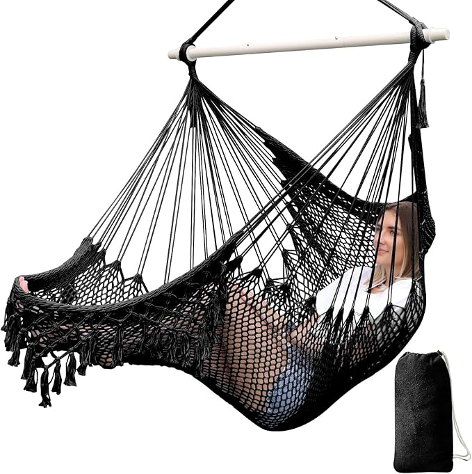 Chihee Hammock Chair Super Large Soft-Spun Cotton Rope Weaving Hanging Chair, Collapsible Strong Metal Spreader Bar Wide Seat Lace Stretch Swing Chairs Indoor Outdoor Garden Yard Theme Decoration