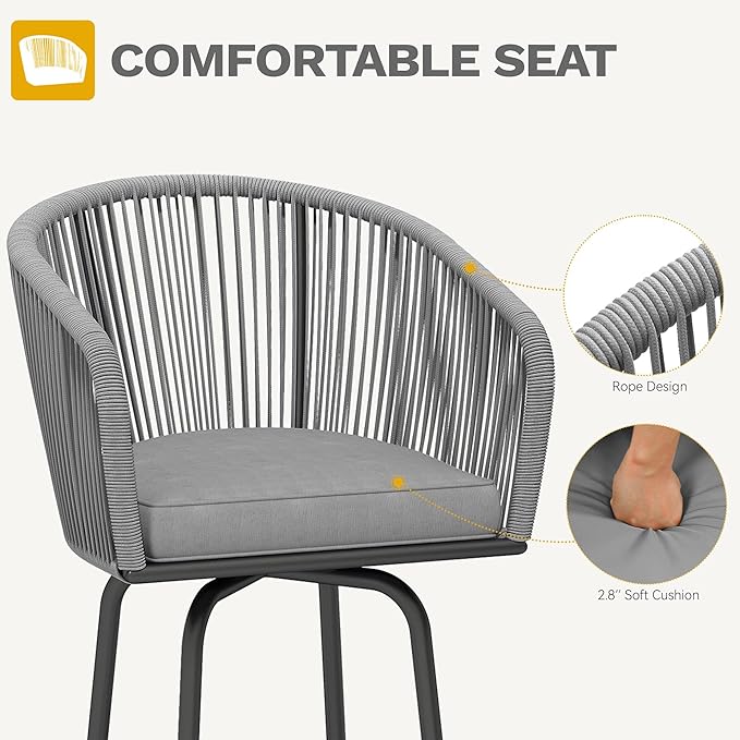 DWVO Outdoor Counter Height Bar Stools Set of 2, Patio Swivel Bar Chairs with Soft Cushions, 360° Rotation, Bar Height Rattan Chairs for Backyard, Poolside, Garden, Gray
