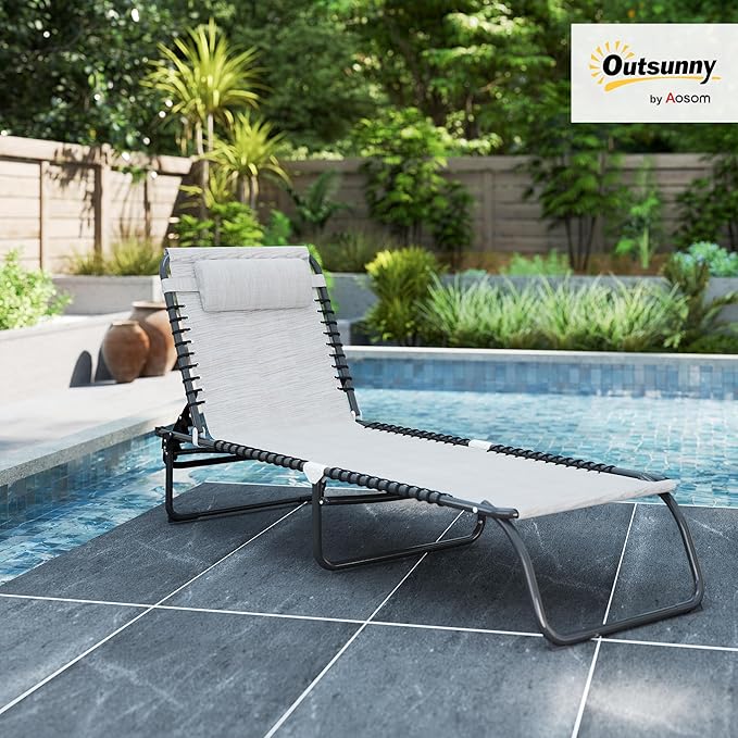 Outsunny Folding Chaise Lounge Chair, Patio Sun Tanning Chair, Outdoor Chaise Lounger with 4-Position Reclining Back, Breathable Mesh Seat for Beach, Poolside, Yard, Cream White
