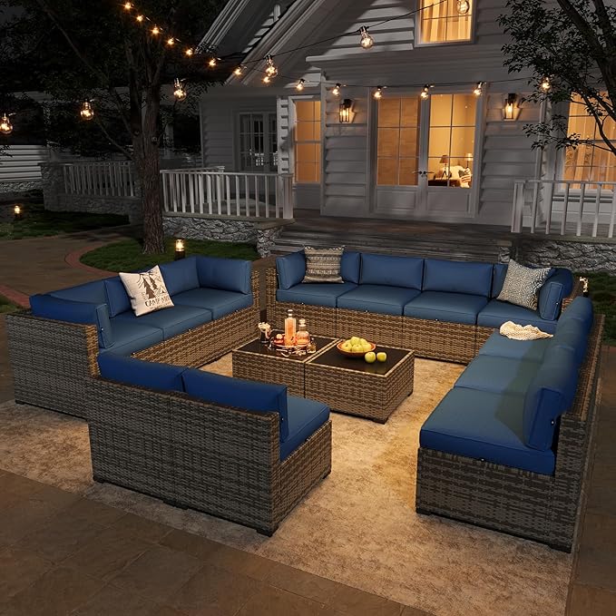 Aoxun Patio Furniture Sets, 14-Piece Outdoor Patio Furniture with 44'' Propane Gas Firepit Table, Wicker Outdoor Conversation Set Sectional Sofa for Backyard, Poolside, Garden