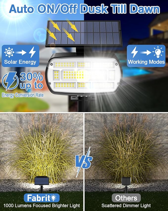 Fabrito Large Solar Spot Lights Outdoor 4 Pack, 1000 Lumens High Brightness, IP65 Waterproof Solar Spotlight with 136 LEDs, Dusk to Dawn Solar Landscape Lights for Yard, Garden, Pathway, Plants(White)