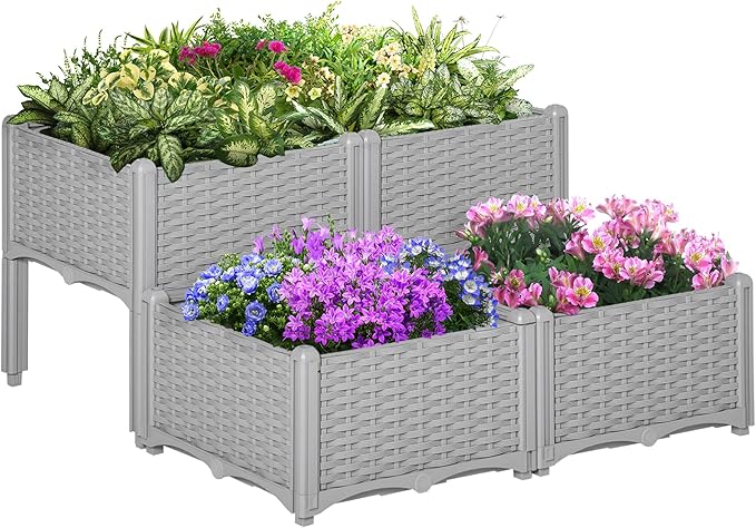 Outsunny 4 Piece Raised Garden Bed with Legs, Planter Box Raised Bed to Grow Flowers, Herbs & Vegetables, Gray