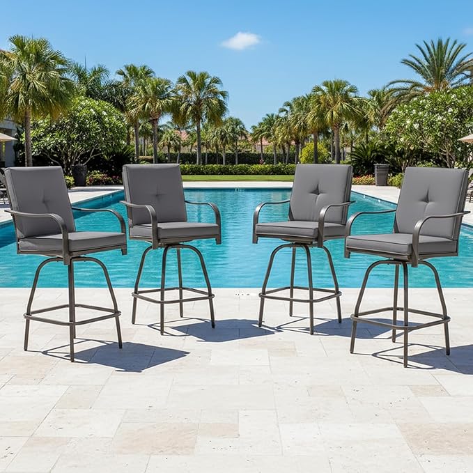 Patio Swivel Bar Stools Set of 4, Outdoor Bar Height Swivel Chairs with Cushions for Garden Balcony Backyard, Grey