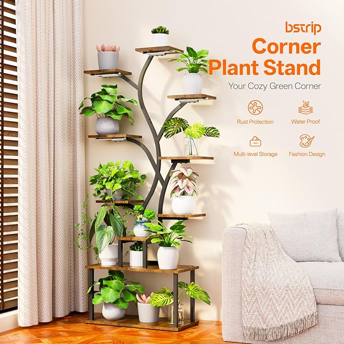 Bstrip 63 Inch Plant Stand with Grow Light, 10-Tier Plant Shelf for Indoor Plants, Decor Tree Shaped Flower Stand for Home, Corner & Patio